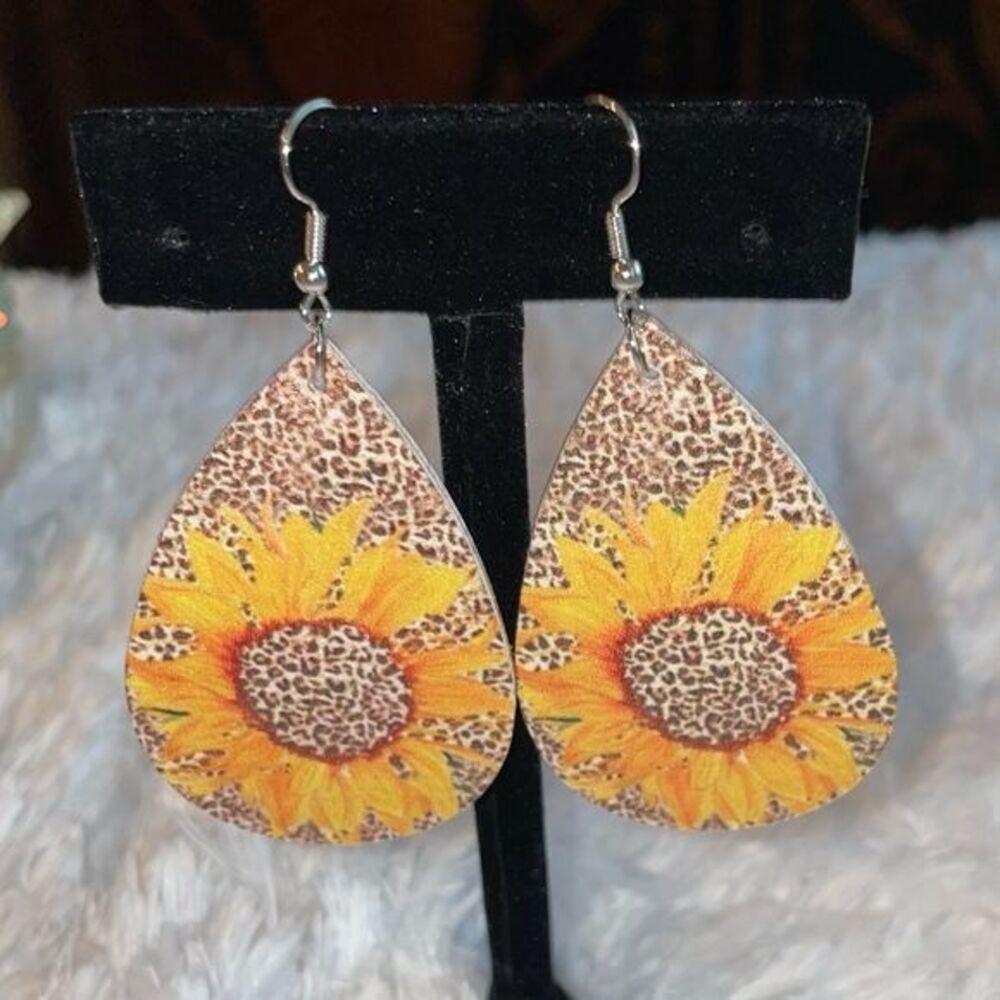 Leopard sunflower faux leather earrings
